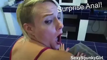 Anal surprise while she cleans the kitchen i fuck her ass with no warning