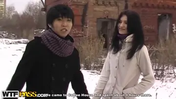 Pretty chick sucks big dick of dude outdoor
