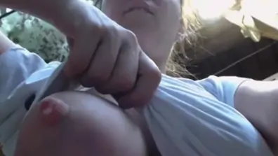 Girl outdoor lactating tits and pussy play