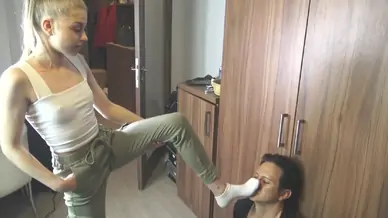 My home slave have to sniff my stinky sweaty socks by foot girls