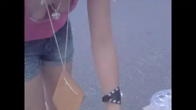 Blonde in jeans shorts also sows hot downblouse