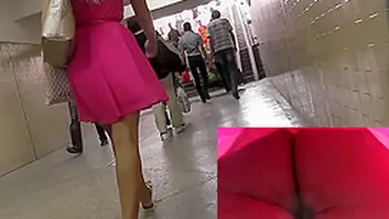 Sexy blonde gal participates in awesome upskirt scene