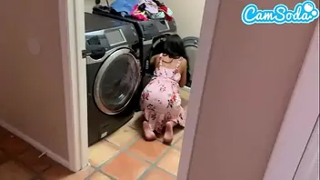 Curvy thick latina doing laundry